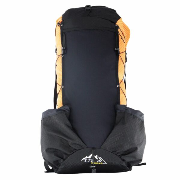 The front view of the ultralight ULA OHM in orange robic with black bottom pannel and side pockets.