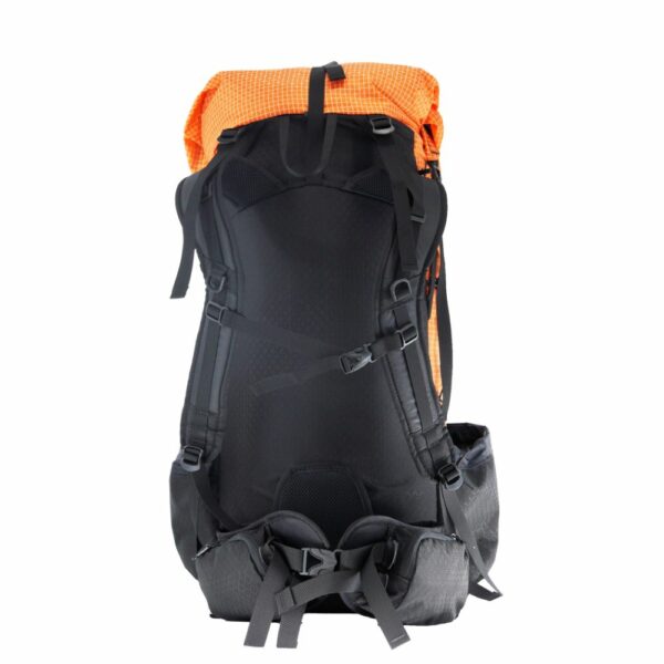 The back view of the ultra light, frameless ULA OHM backpack in orange robic showing the pass through hipbelt design and s-strap shoulder straps.
