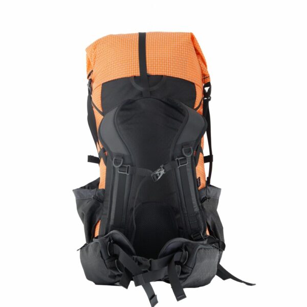 The back view of the ULA CDT in orange robic with S-strap Shoulder Straps