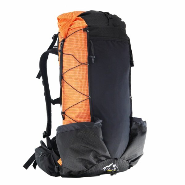 A 3/4 view of the frameless, ultra light ULA OHM backpack in orange robic.