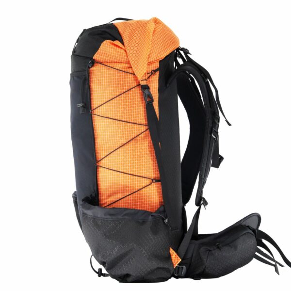 The left side view of the ultra light, frameless ULA OHM backpack in orange robic.