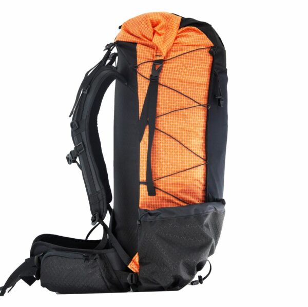 The right side view of the ULA OHM backpack in orange robic.