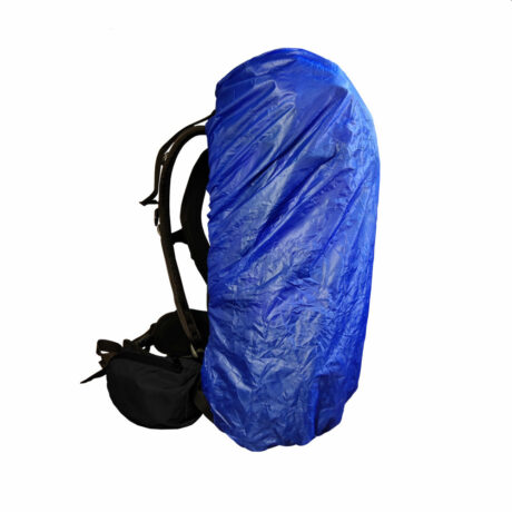 A ULA Pack Cover on the pack, showing how it cinches around the pack to keep your gear dry. Cover color: blue.