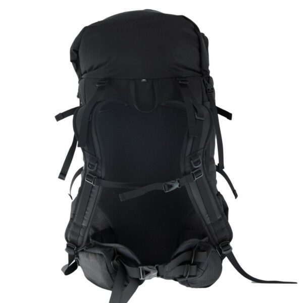 A back view of the ULA Camino in black diamond robic featuring the fram, hipbelt, and s-strap shoulder straps.