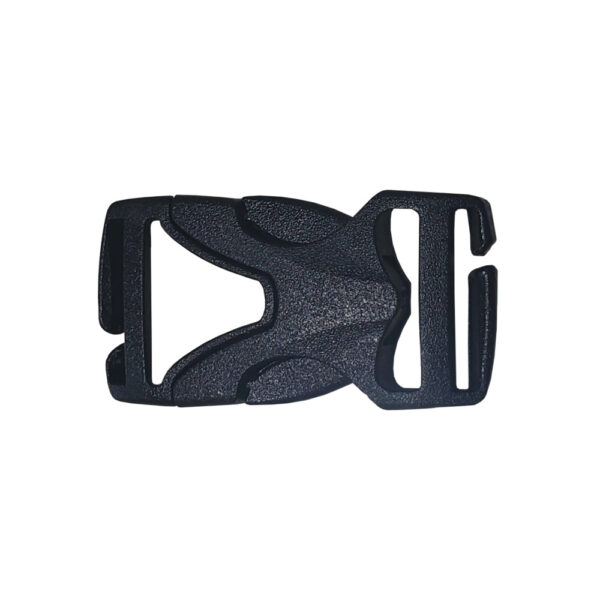 Image shows one custom modified ULA 3/4 inch buckle set (male and female end) in black.