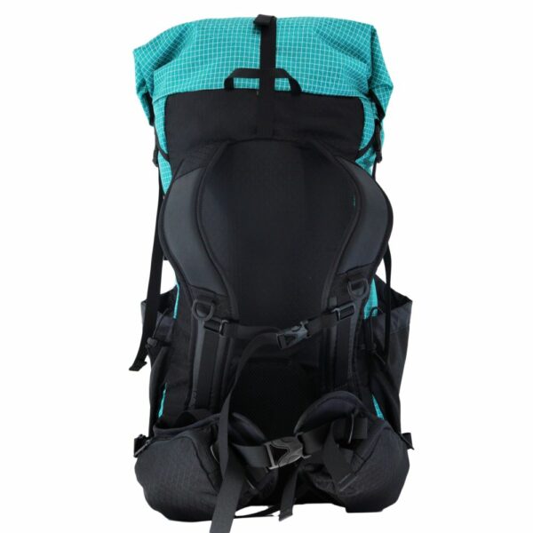 A back view of the ultralight ULA Photon backpack in Teal Robic featuring the pass through hipbelt system, s-strap shoulder straps, and the frameless back.