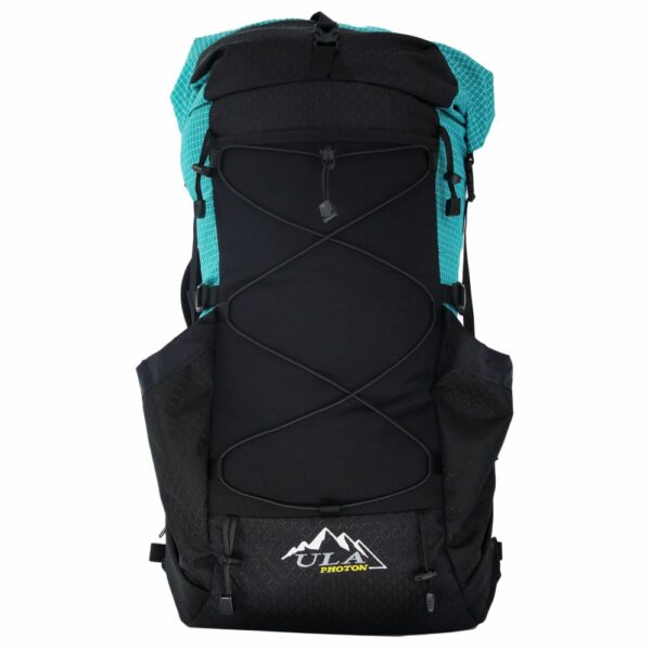 A front view of the ultralight ULA Photon in teal robic showing the large side pockets, stretch mesh front pocket, roll-down top, and front shock cord system.