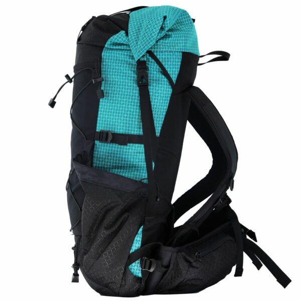 A left side view of the ultralight ULA Photon backpack in Teal Robic.