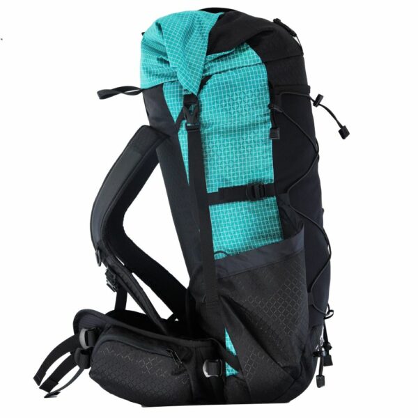 A right side view of the ultralight ULA Photon backpack in Teal Robic.