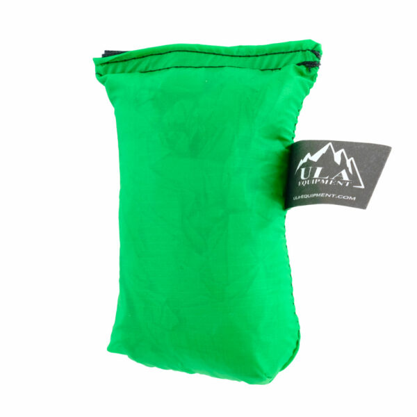 An ultralight ULA Pack Cover in it's built-in stuff sack in the color Lime Green.
