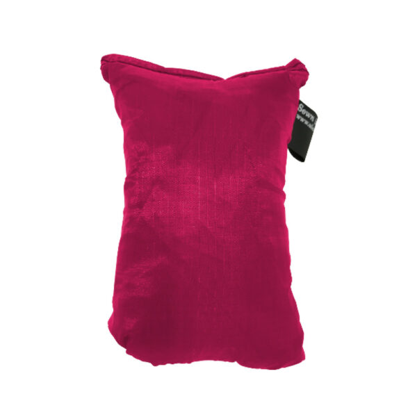 An ultralight ULA Pack Cover in it's built-in stuff sack in the color Raspberry.