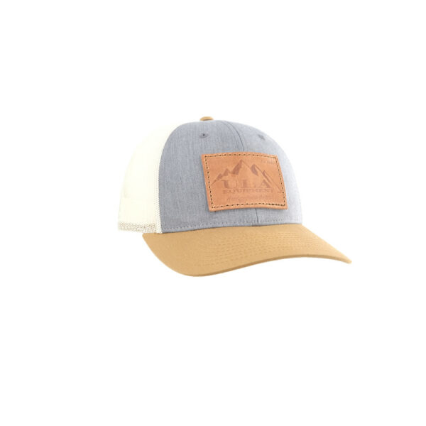 ULA Trucker Hat with Heather grey front, tan brim, cream mesh, and Tan Leather ULA Equipment Logo.
