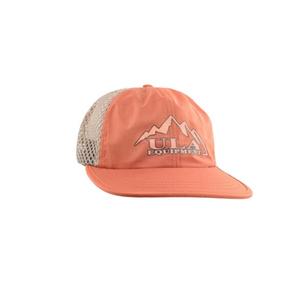 ULA Trucker Hat with Orange front and brim, Tan Mesh, and Light Orange ULA Equipment Logo.