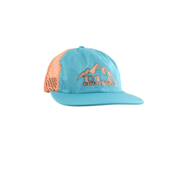 ULA Trucker Hat with teal front and brim, Orange Mesh, and Orange ULA Equipment Logo.