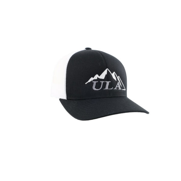 ULA Trucker Hat with black front and brim, white Mesh, and white and grey embroidered ULA Logo.