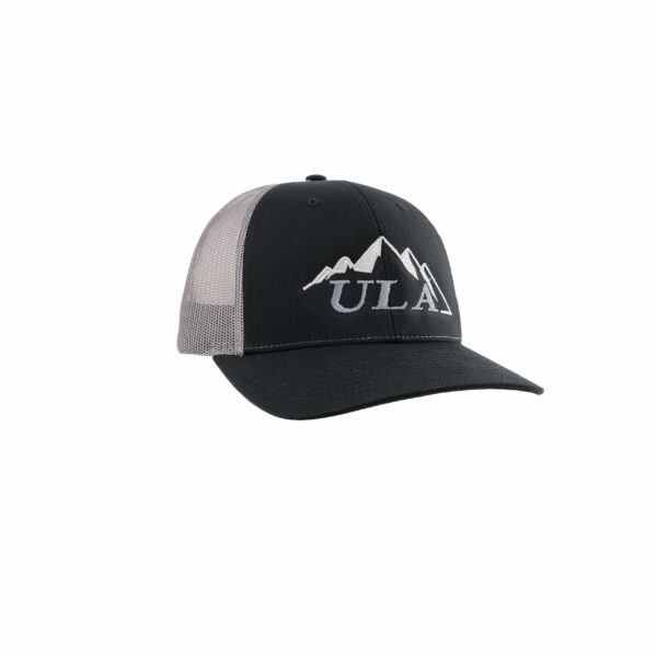 ULA Trucker Hat with black front and brim, grey mesh, and white and grey embroidered ULA Logo.