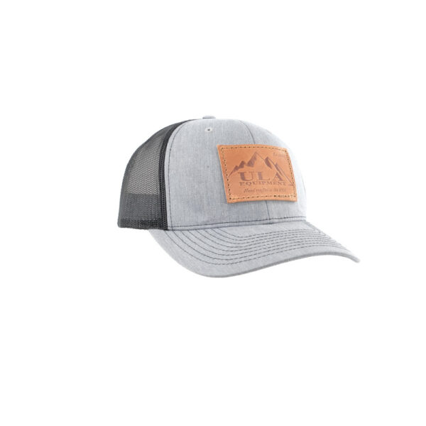 ULA Trucker Hat with Heather grey front and brim, black mesh, and tan Leather ULA Equipment Logo on front.