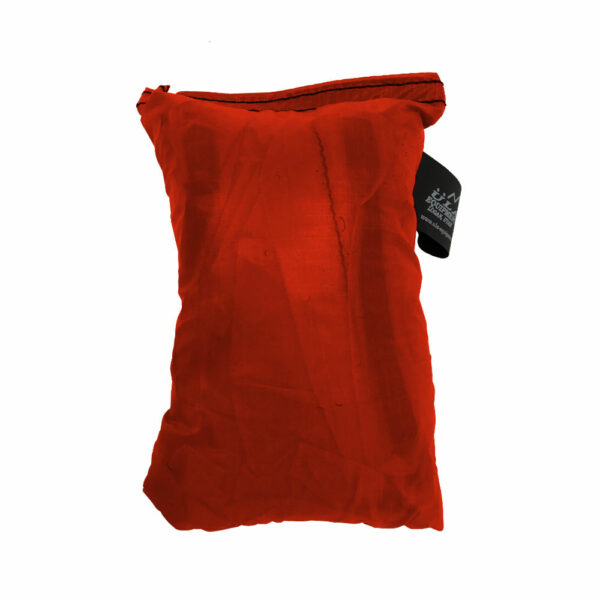 An ultralight ULA Pack Cover in it's built-in stuff sack in the color Orange.
