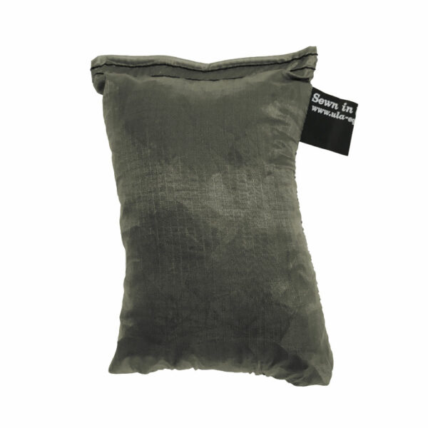 An ultralight ULA Pack Cover in it's built-in stuff sack in the color Olive Drab.