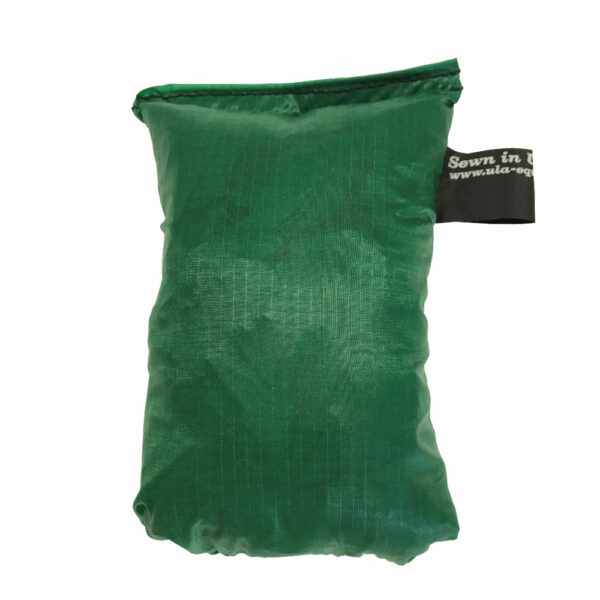 An ultralight ULA Pack Cover in it's built-in stuff sack in the color Green.