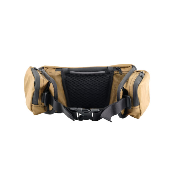 A back View of the ULA Burst Fanny Pack showing the mesh back support, lift handle, hipbelt pockets, and waist belt.