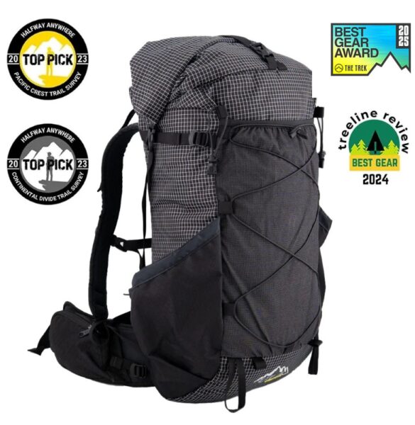 Black 2025 ULA Circuit 3/4 side view with the four recent awad badges on the sides: Halfway Anywhere 2023 Top Pick PCT Survey, Halfway Anywhere 2023 Top Pick CDT Survey, The Trek Best Gear Award 2024, Treeline Review Best gear Award 2024