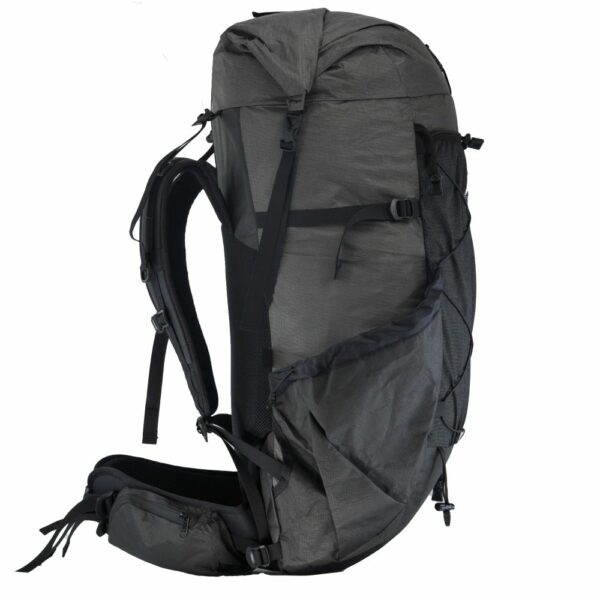 A right side view of the ULA Ultra Catalyst Backpack featuring the compression straps and slanted side pockets.