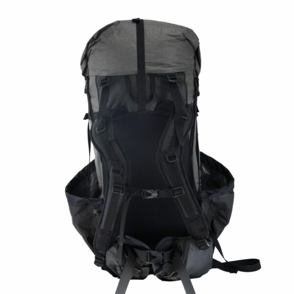 A back view of the ULA Ultra Circuit Backpack featuring the back mesh frame, s-strap shoulder straps, and ultra hipbelt