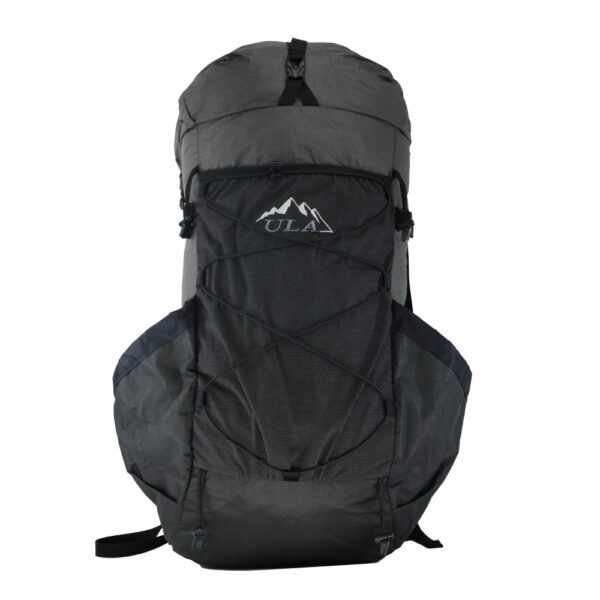 A front view of the ultralight, ultra-strong framed ULTRA Circuit backpack featuring UltraStretch mesh front pocket, front shock cord, and ULA logo.