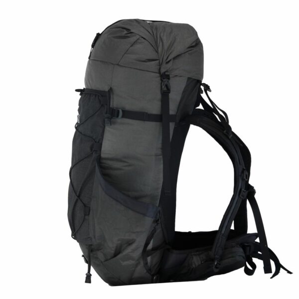 A right side view of the ULA Ultra Circuit Backpack featuring the compression straps and slanted side pockets.