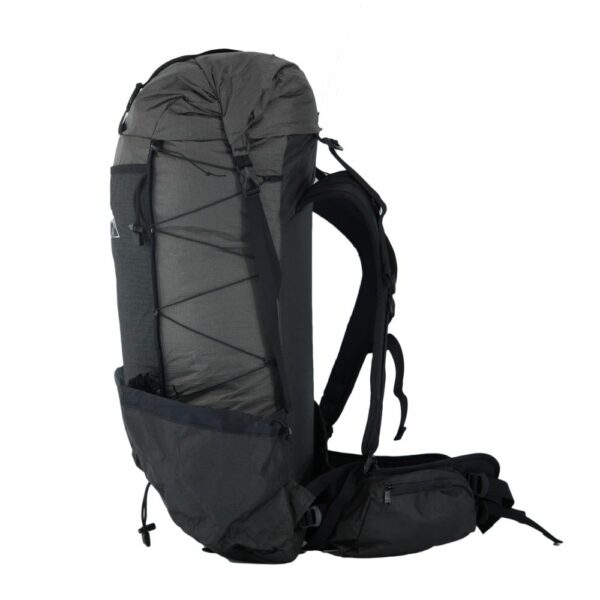 A left side view of the ULTRA Ohm backpack featuring the side compression bungee system.
