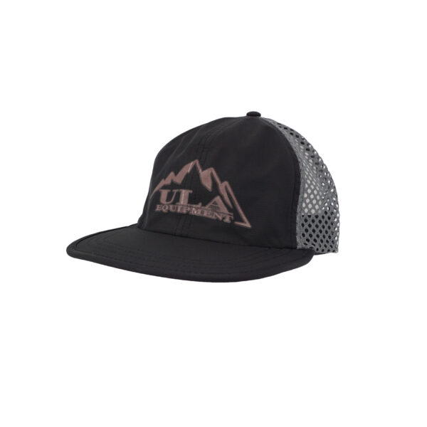 A ULA Mesh Trucker Hat with a black front and charcoal grey open mesh back with a brown/copper ULA Equipment logo on the front.