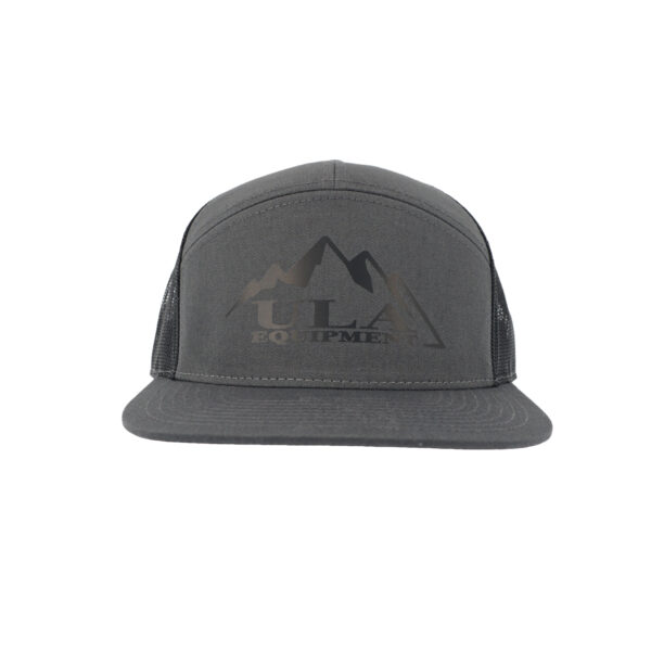 A ULA 7-panel Trucker Hat with a charcoal grey front and black mesh back with a black ULA logo on the front.