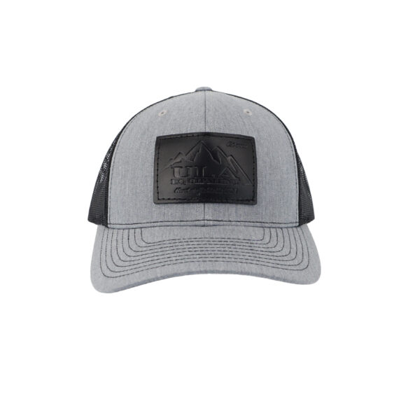 A ULA traditional Trucker Hat with a heather grey front and black mesh back with ablack leather embossed ULA logo on the front.