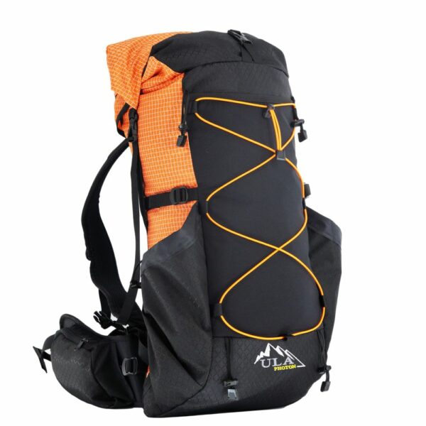 A 3/4 view of the ultralight ULA Photon in Orange Robic with Electric Orange shockcord