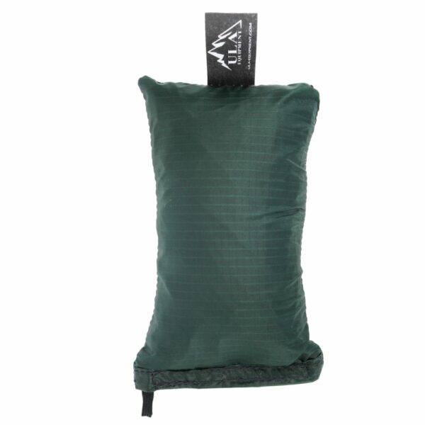 An ultralight ULA Rain Kilt in it's built-in stuff sack in the color Forest Green.