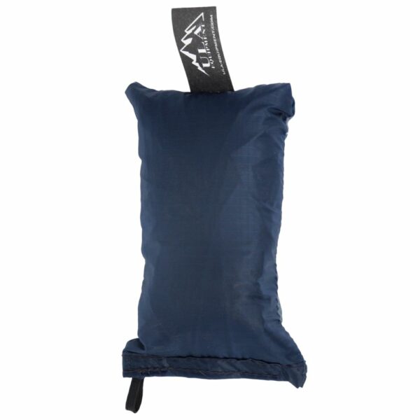 An ultralight ULA Rain Kilt in it's built-in stuff sack in the color Midnight Blue.