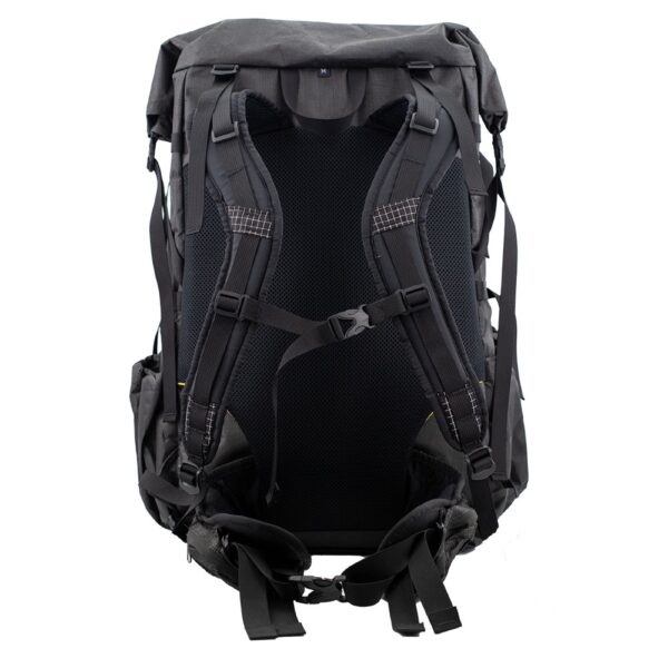 The back view of the ULA ULTRA Camino Backpack showing the open mesh frame, J-strap shoulder straps and haul loop.