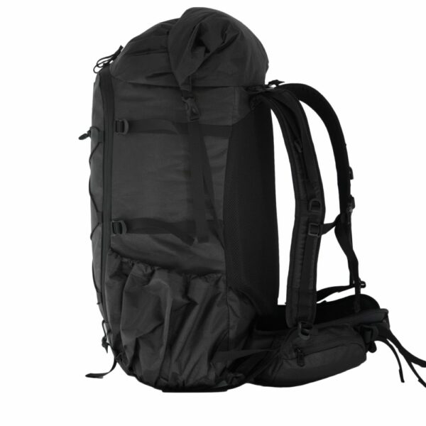 A left side view of the ULA ULTRA Camino featuring the side compression straps, and angled side pocket.