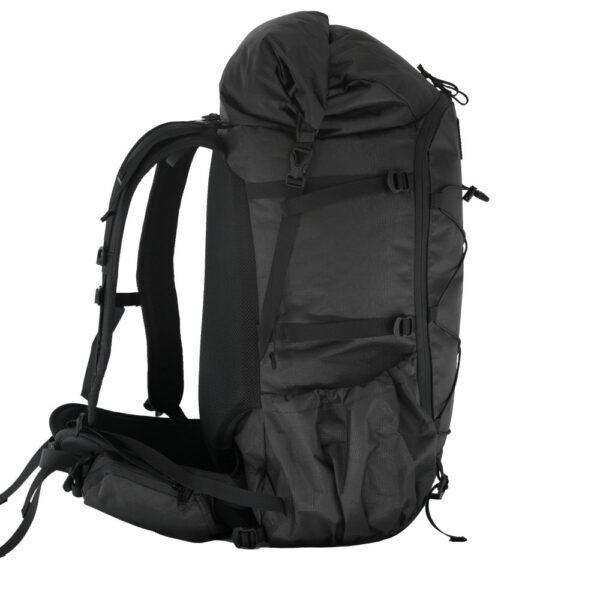 A right side view of the ULA ULTRA Camino featuring the side compression straps, and angled side pocket.