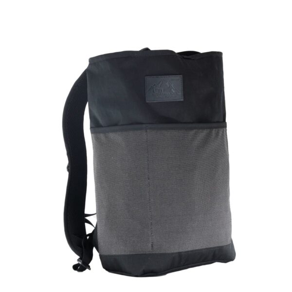 A 3/4 side view of the ULA Packrat Daypack featuring the wrape around UltraStretch Mesh pocket and black embossed logo in upper left corner.