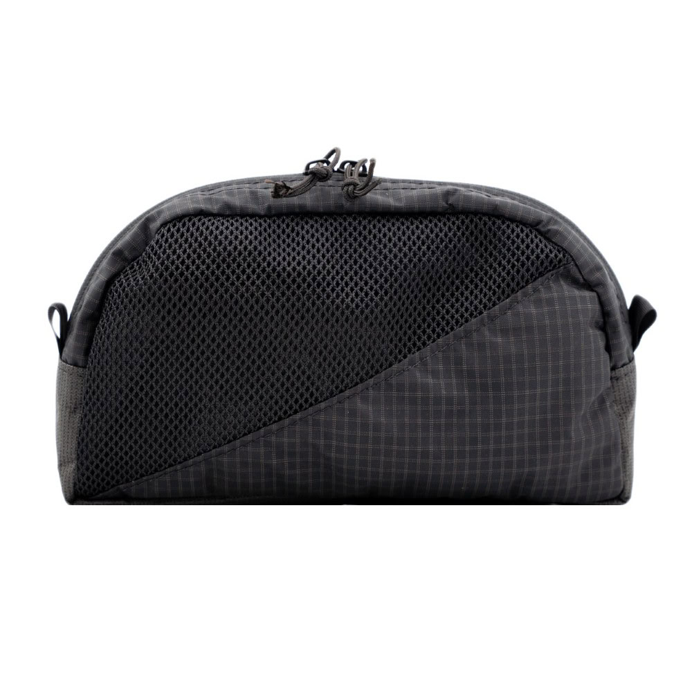 ULA Toiltry Kit: Front View Outside, front view of toiletries kit. It is tombstoned shape and the front is half mesh, have UltraGrid. It is zipped closed.