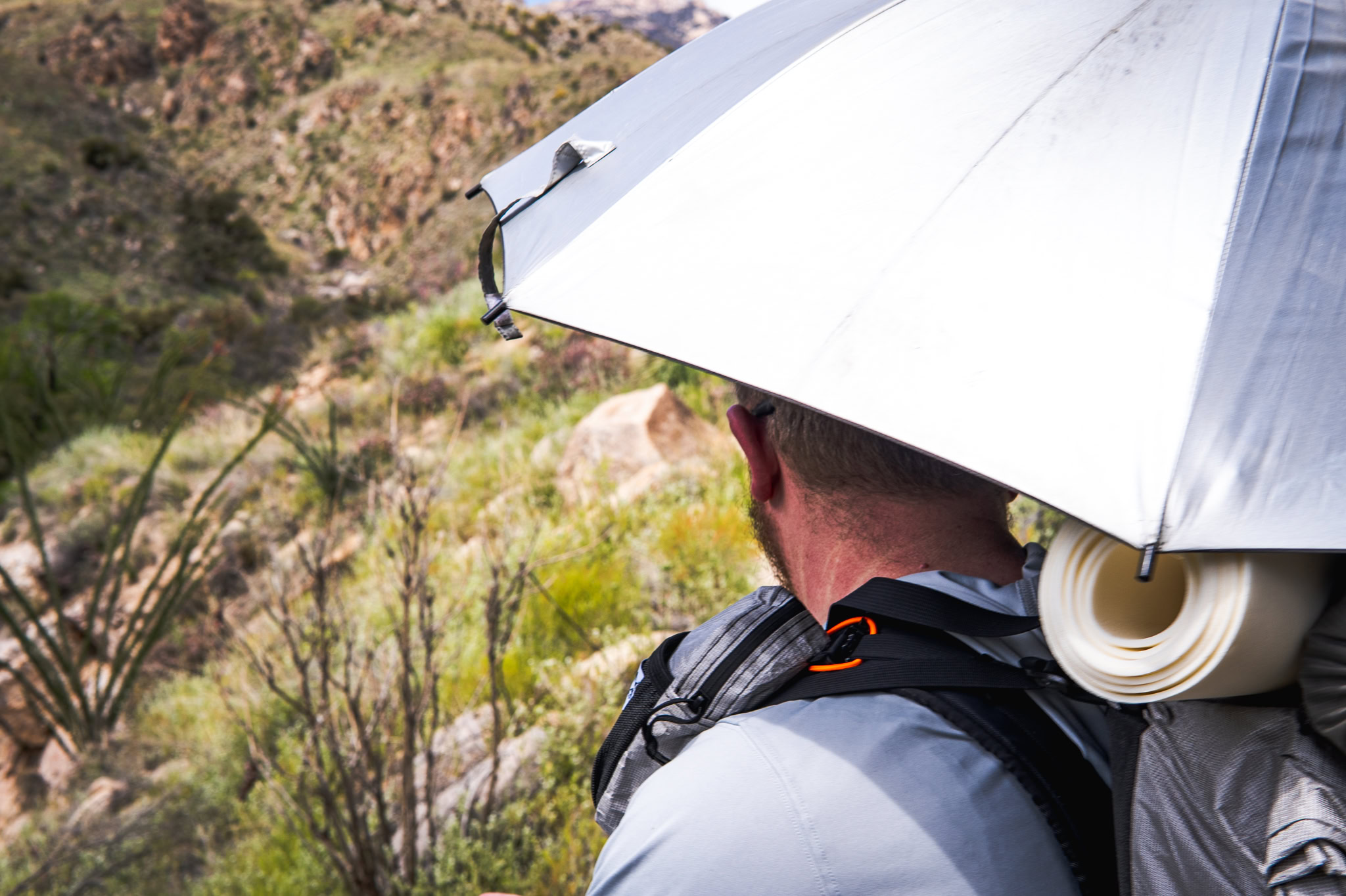 A man has a sun umbrella on the Arizona Trail