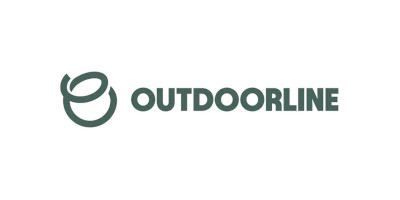 Logo of retailer Outdoor Line Green text and swirl on white background