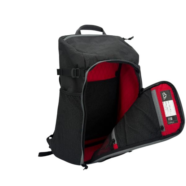 A front view of the Bespoke 36L Dragonfly 0226 Dia de los Muertos with the panel open, showing the fully lined true red interior