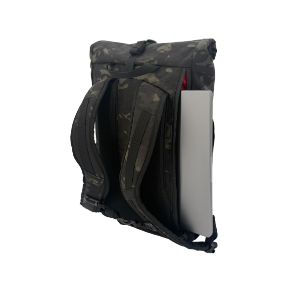 Node 0726: Black Multicam laptop pocket unzipped with laptop sticking out