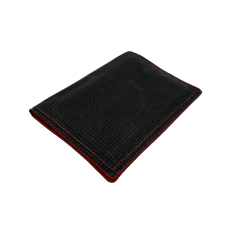 The black exterior of a closed Wasatch wallet. Stitching is red, to match red interior.