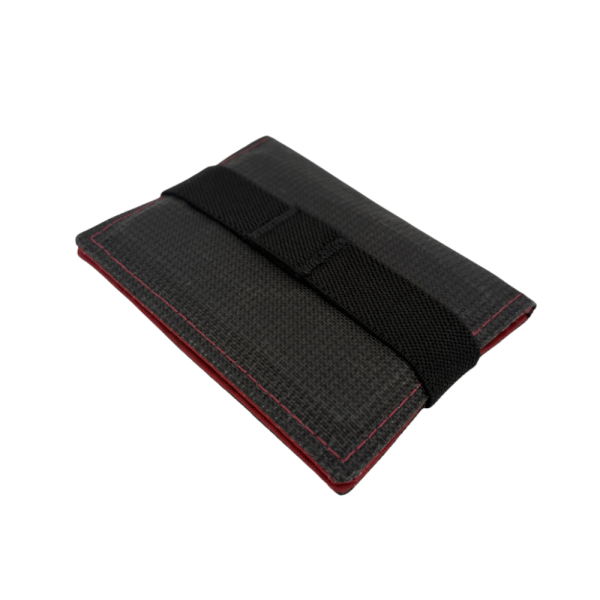 Exterior of Wasatch Wallet with Red Stitching and Red Interior. Elastic closure in place